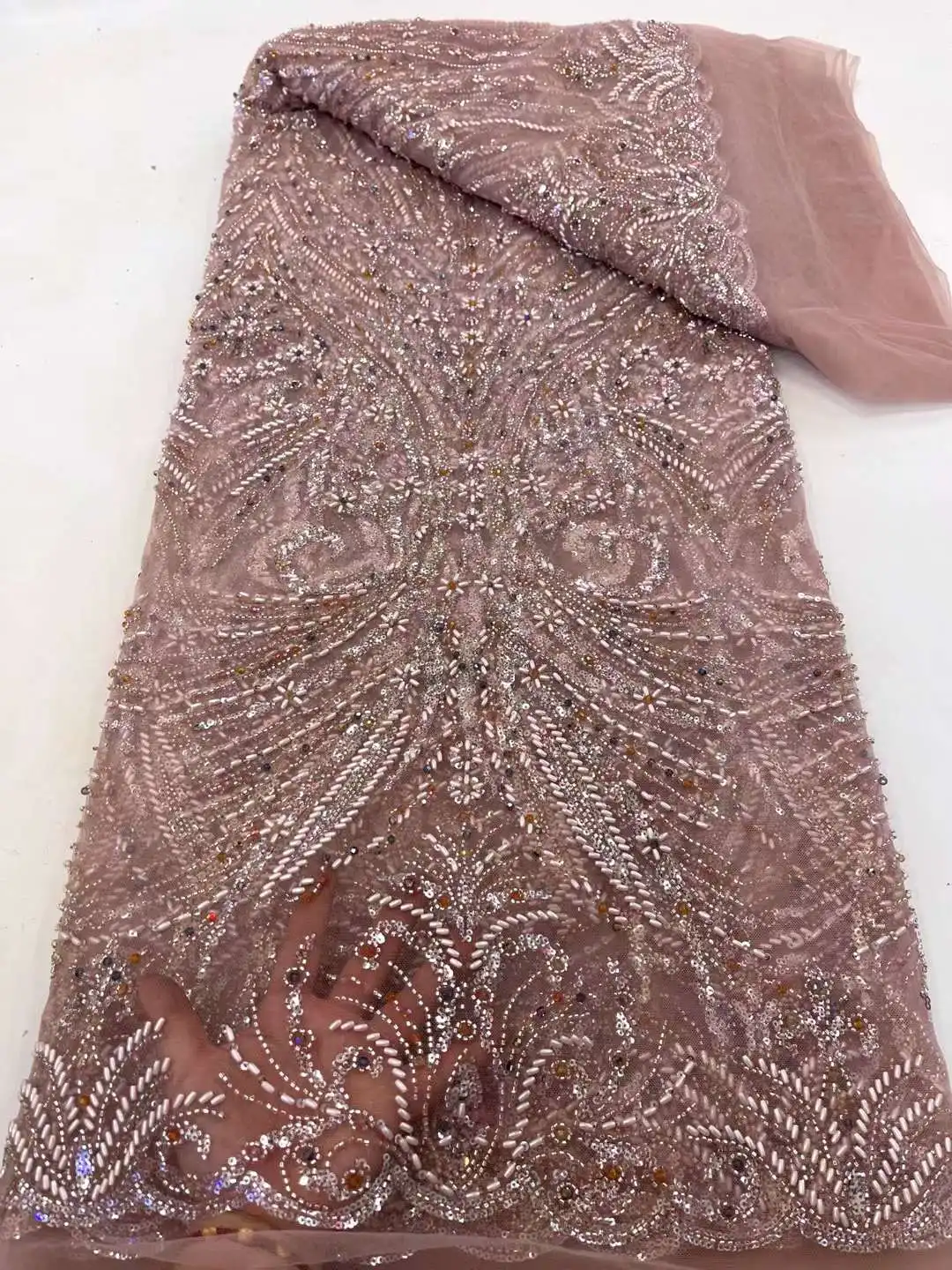 

African Handmade Sequins Lace Fabrics High Quality Tube Beaded Tulle Fabric Embroidery Lace with Pearls for Wedding Dress XC