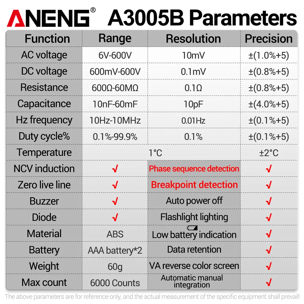 ANENG A3005B 6000 Count Professional Multimeter Pen Phase Sequence Detector AC/DC Voltage Meter Ohm Temp Diode Electrician Tools