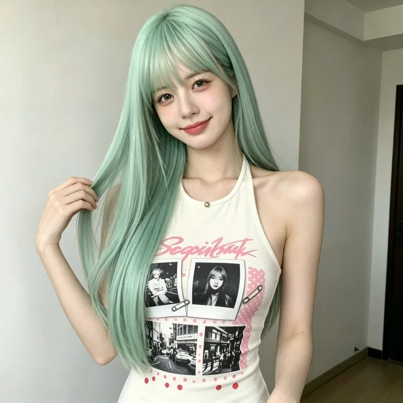 Mint green straight hair synthetic wig - Halloween cosplay role-playing wig - Daily wig - High-temperature silk wig set
