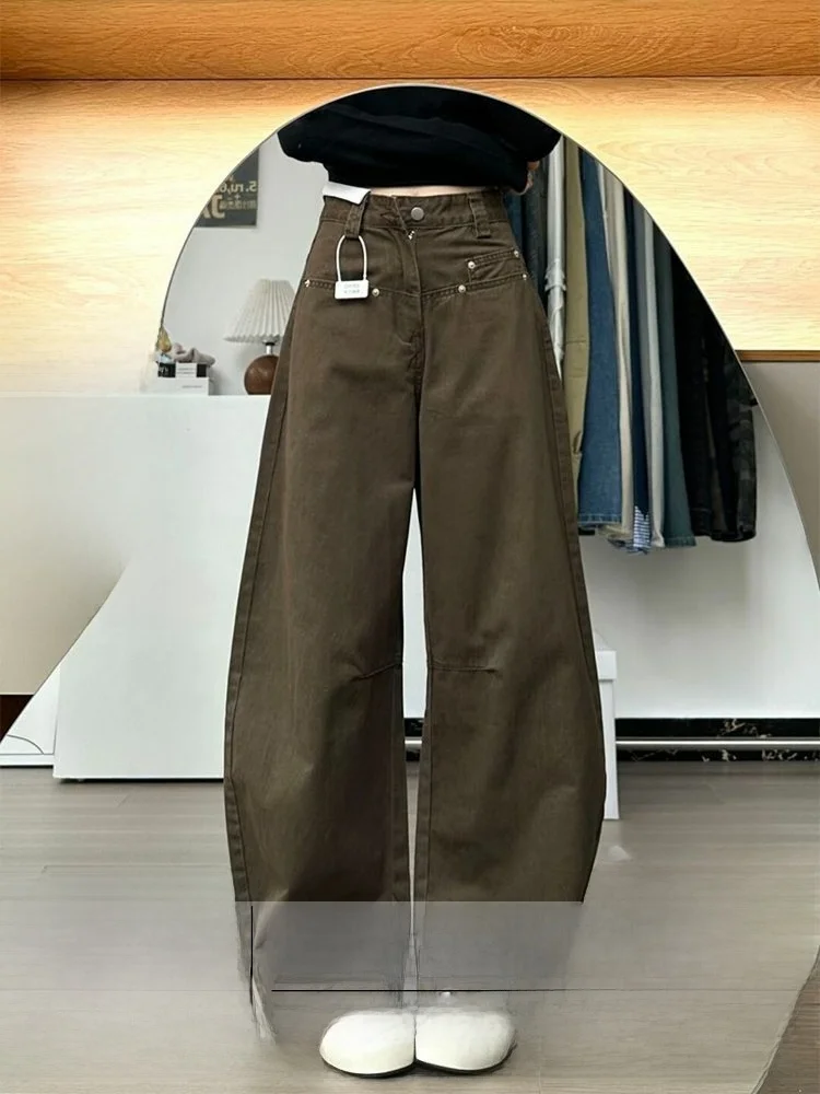 

Винтажная рабочая одежда больших размеров, коричневые джинсы с ножом, женские осенне-зимние новые свободные мм, тонкие прямые брюки с высокой талией...