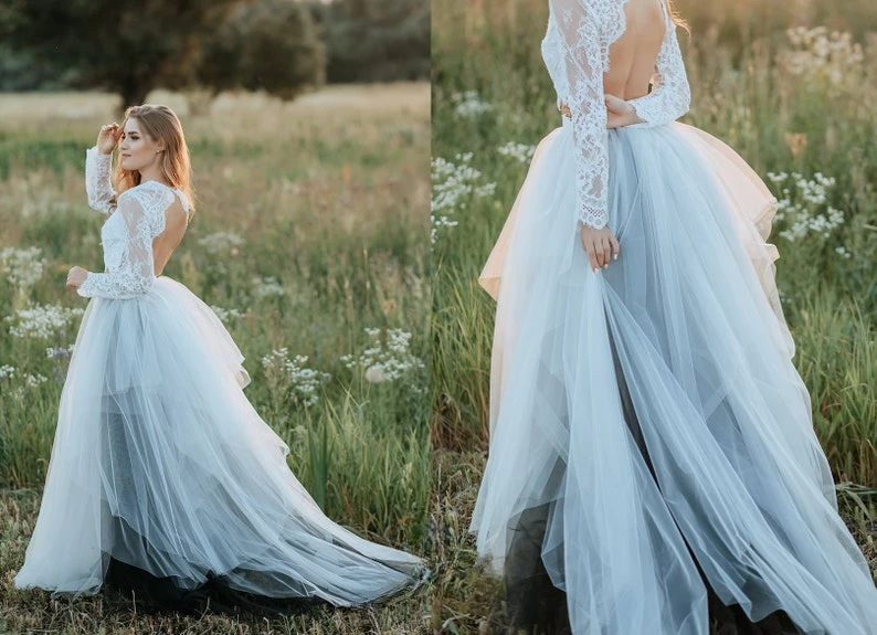 أبيض وأسود ماجيك أومبير تنورة وصوفيا بوهو عارية الذراعين قمة الزفاف الجديدة يفصلها بواسطة Stylishbrideaccs فستان الزفاف الأسود والأبيض