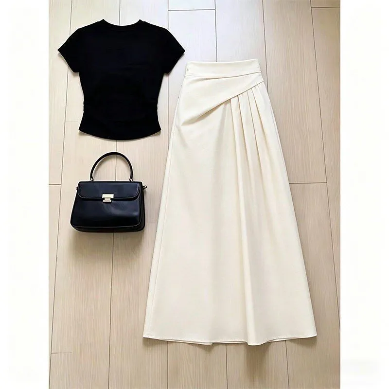 Summer Outfit Women's Slimming Black round Neck Top And Half Skirt Two-Piece Set Elegant Style Short Sleeve Casual Wear