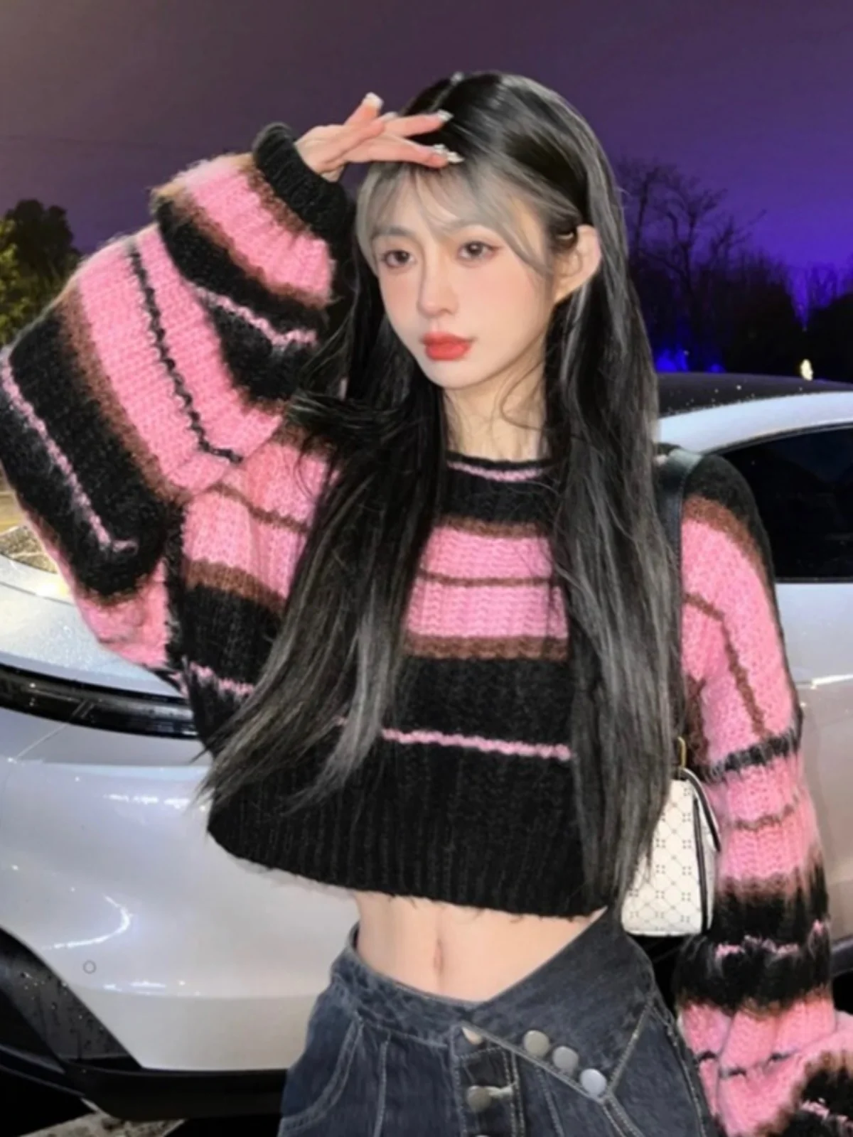 Retro Short Shoulder Bared Sweater Women's Spring Autumn Black Pink Stripes Chic Top Low round Neck Long Sleeve Casual Knitwear