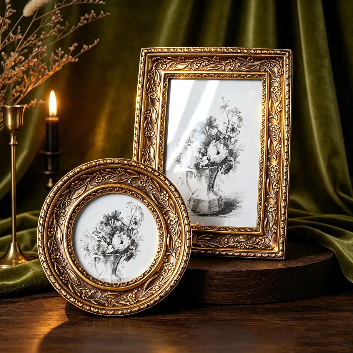 1PC, French-style Relief Flower Frame, Rectangular/Round Dual-shaped Resin Photo Display Stand, Ins-style Upright Photo Frame
