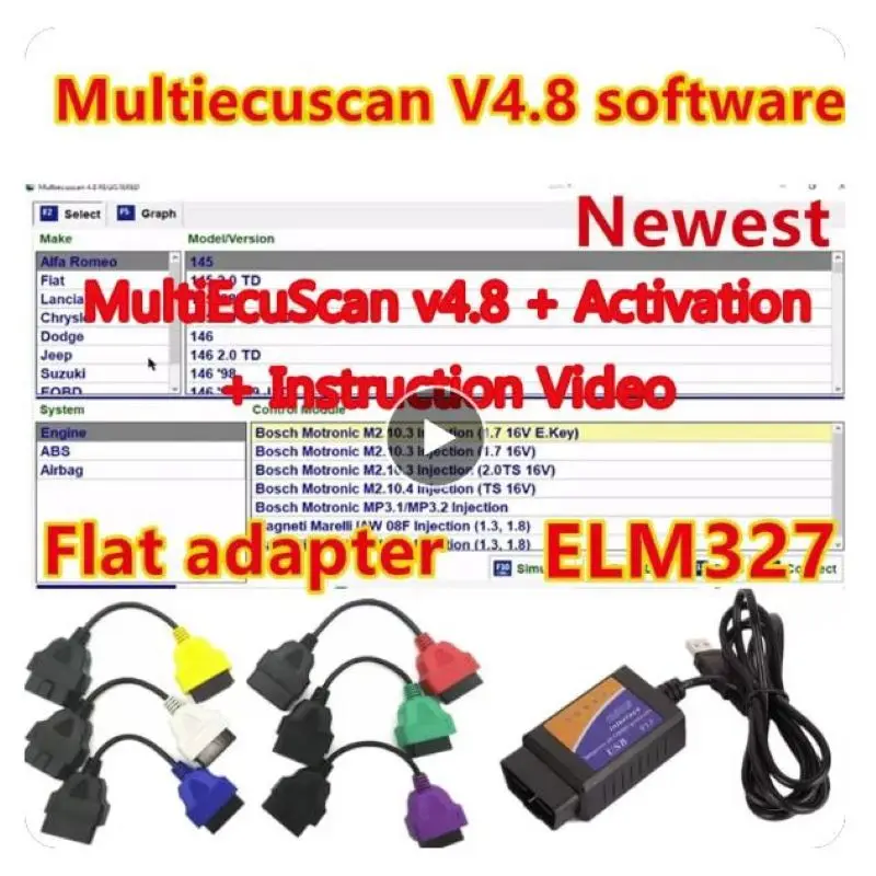 2024 New Multiecuscan V4.8 For Fiat/Chrysler/Dodge/Jeep/Suzuki Scanner Software 4.8+ ELM327+Flat adapter Registered Unlimite