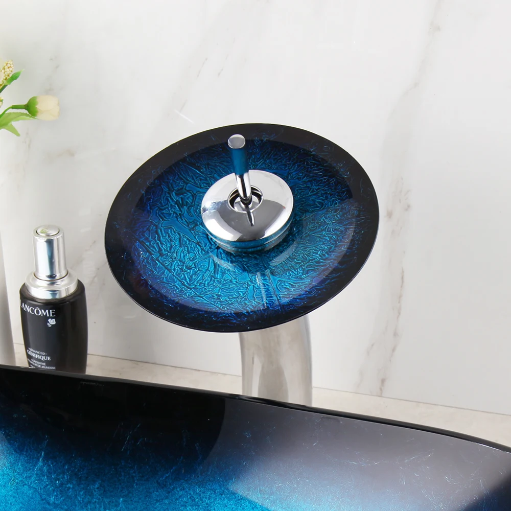 Imagem -03 - Bacia de Vidro Monite-tempered com Torneira de Cachoeira Conjunto de Dreno Pop-up Navio de Banheiro Azul Vanity Counter Top Lavatório