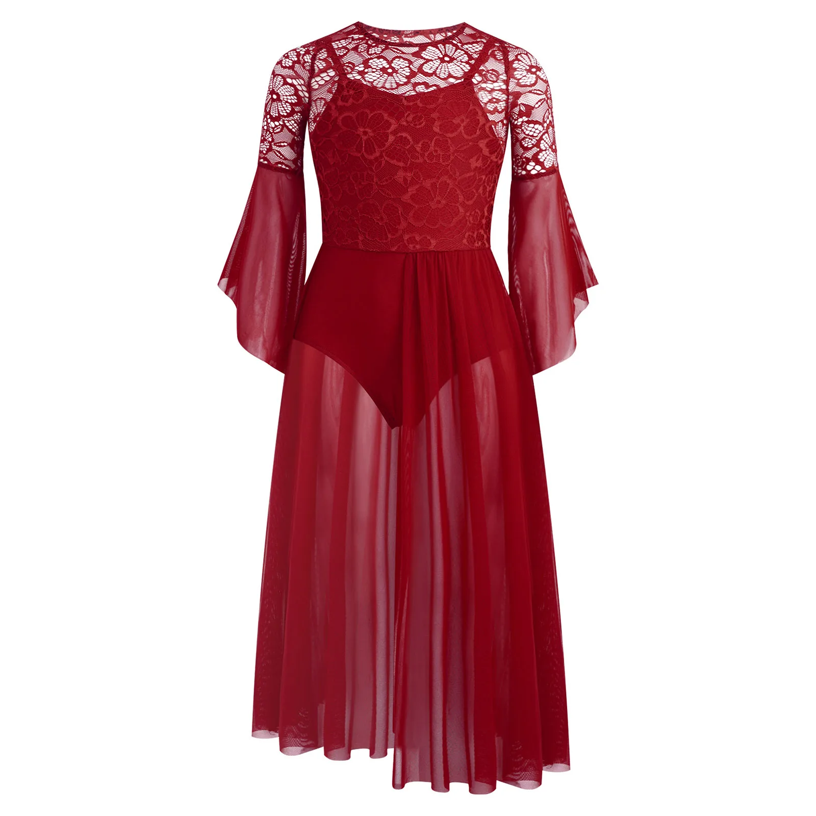 

Kids Girls Floral Lace Patchwork Lyrical Dance Dress Flared Sleeves Side Split Dress Built-in Briefs Ballet Dress Dancewear