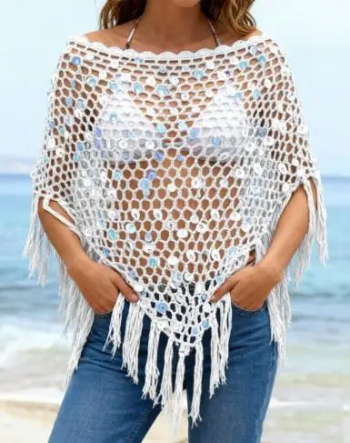 Women s Tassel Knit Ponchos Sparkly Sequin Loose Fit Hollow Out Handmade Crochet Shrug Shawl Casual Beach Wear