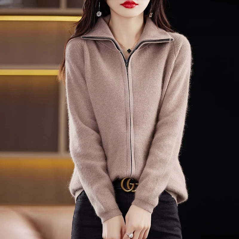 100% Pure Mink Cashmere Sweater Women\'s Stand Collar Thick Cardigan Autumn and Winter Warm Casual Knitted Large Size Zipper Tops