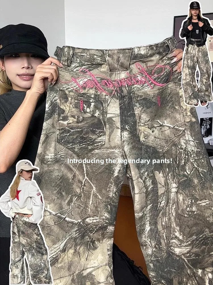 

Street Sle Camouflage Letter Embroidery Branch Embroidery Knife Workwear Pants Men Women Vintage Wide Leg Versatile Long Tr...
