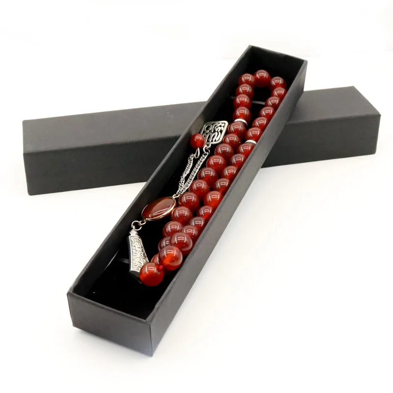 Popular Tasbih natural agate gemstone beads rosary muslim misbaha red bracelet pendant box Teesbih gift