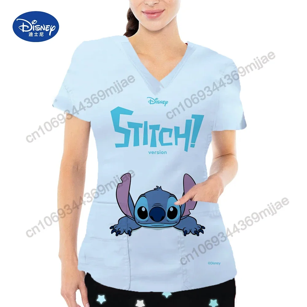 2024 Nieuwe Casual Comfortabele Verpleegstersuniform V-Hals Grote Zak Ontwerp T-Shirt Disney Cartoon Print Patroon Korte Mouwen T-Shirt