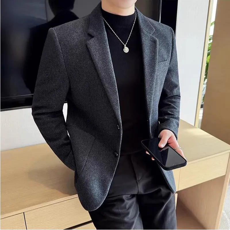 

Высококачественный утепленный шерстяной пиджак, осень-зима, новый роскошный однотонный деловой мужской деловой приталенный смокинг для социальных вечеринок