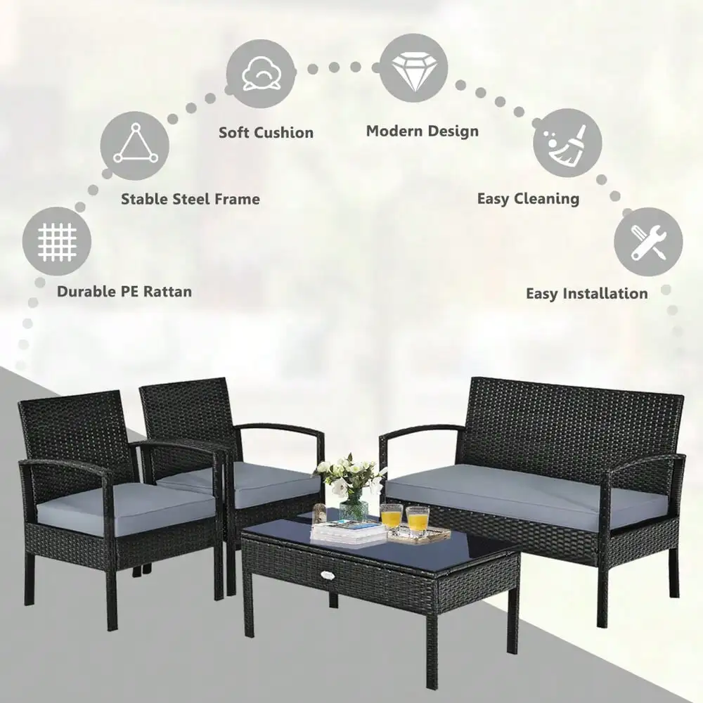 파티오 정원 4PC 등나무 고리버들 가구 세트 블랙