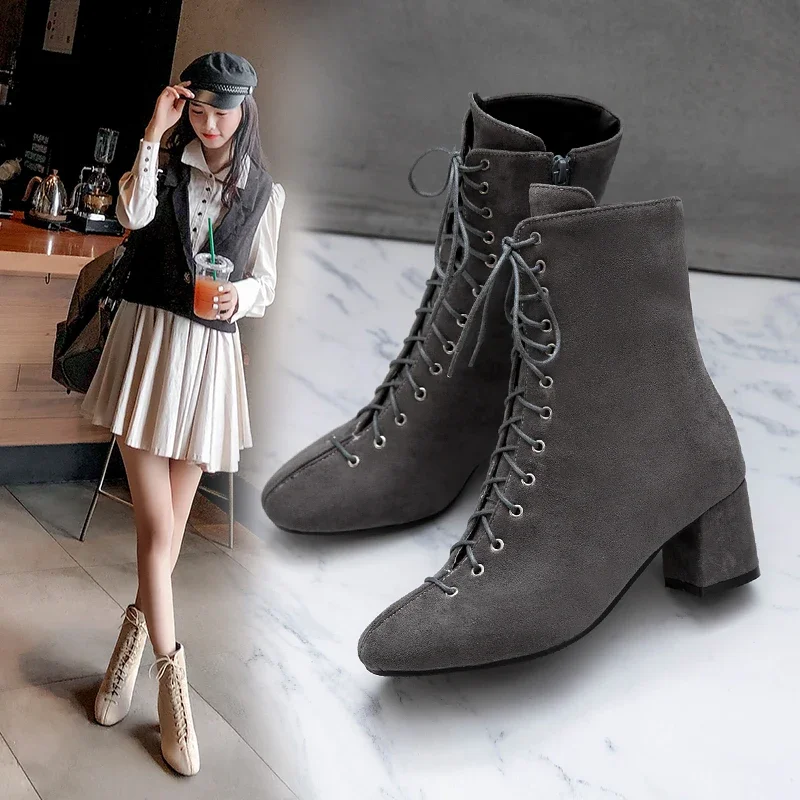 Black Ankle Boots for Women Chunky Boots High Heel Autumn Winter Pointed Toe Booties Woman Fashion Zipper Gray Black Boots 2024