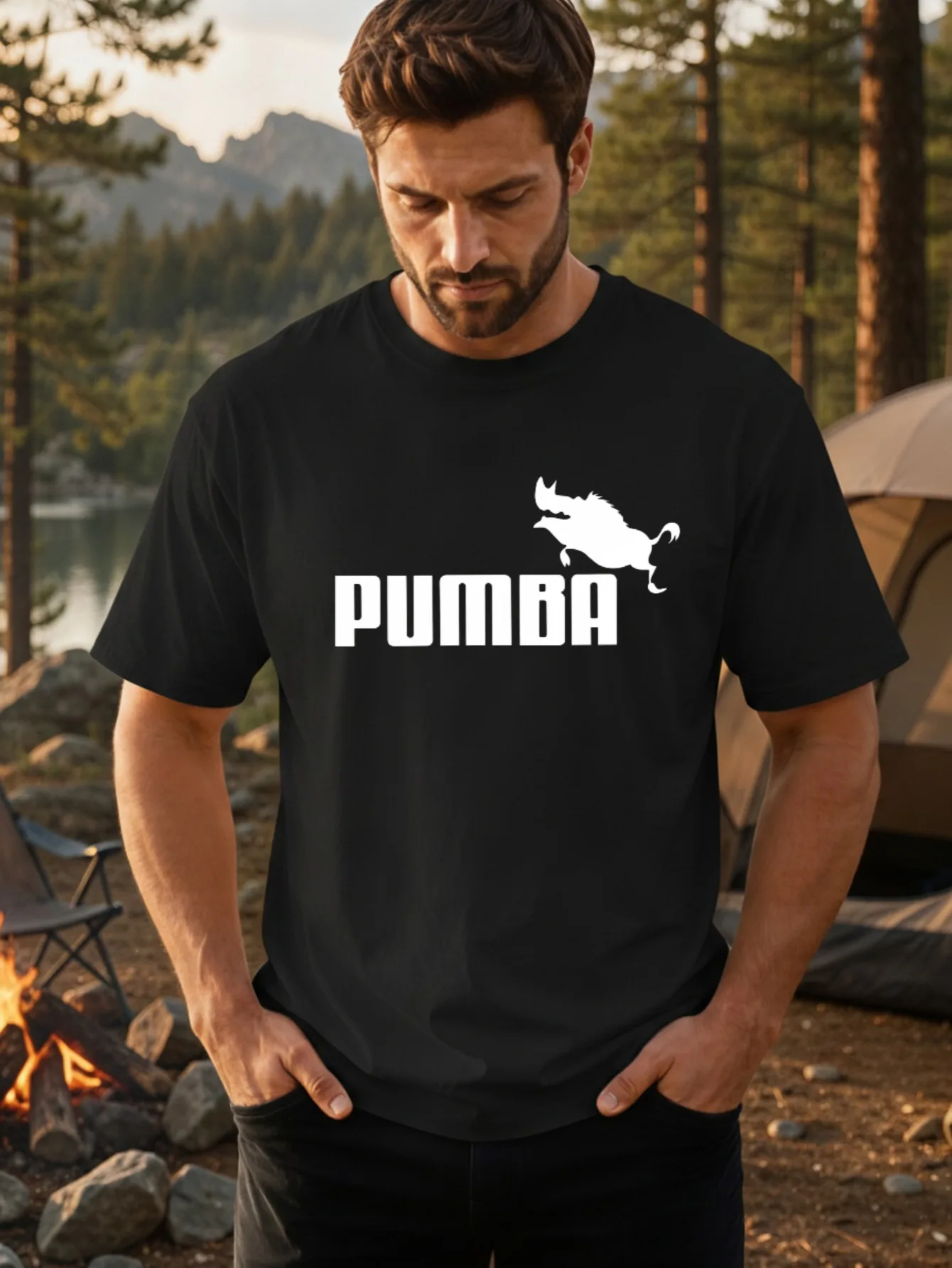 1 Stück JOOCAR Pumba mit Warthog-Silhouetten-Grafikdruck-Design, lässiges Baumwoll-T-Shirt für alle Jahreszeiten, Rundhalsausschnitt, weicher, dehnbarer, atmungsaktiver Kurzarm, modisches