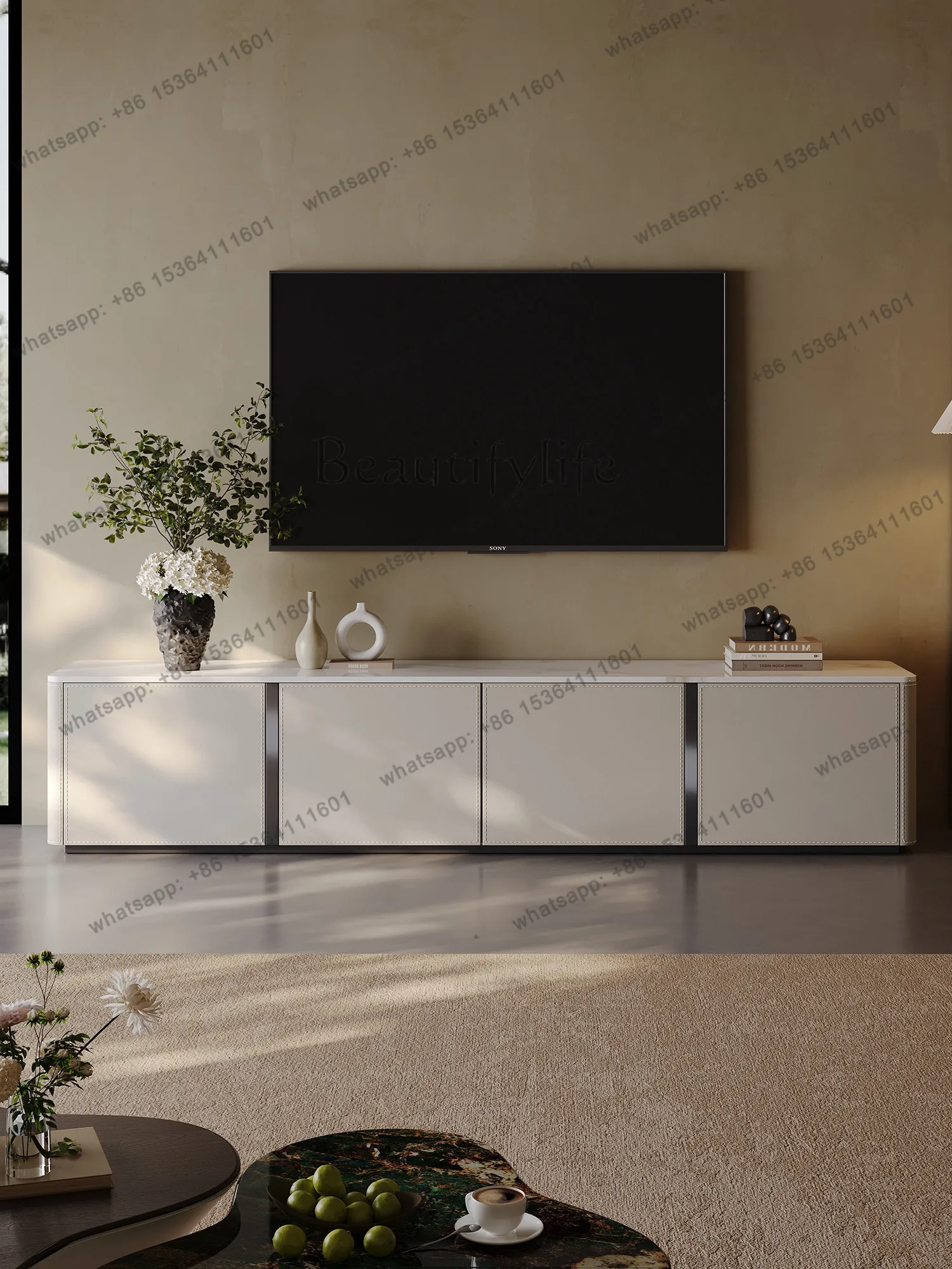 Italian minimalist living room saddle leather TV cabinet floor slate TV cabinet