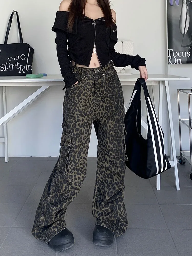 

American High Street Leopard Print Women Pants Casual Slim Chicly Wide Leg Pants Female Loose Retro High Waist Woman Pants