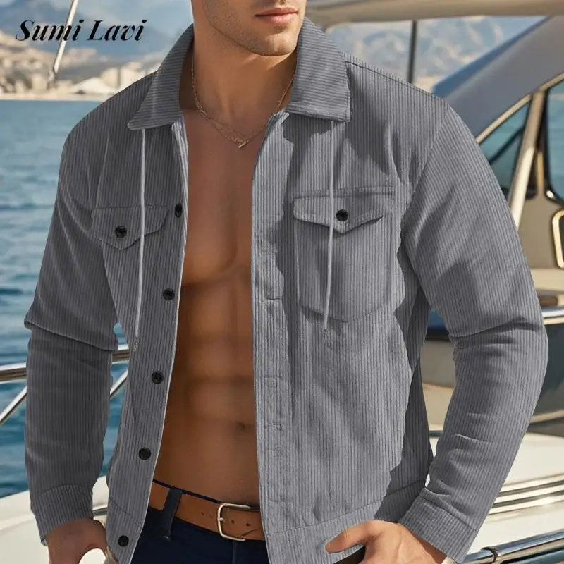 

Fashion Multi Pocket Cargo Jackets Mens Spring Autumn Casual Solid Color Corduroy Coats For Men Leisure Drawstring Lapel Jacket