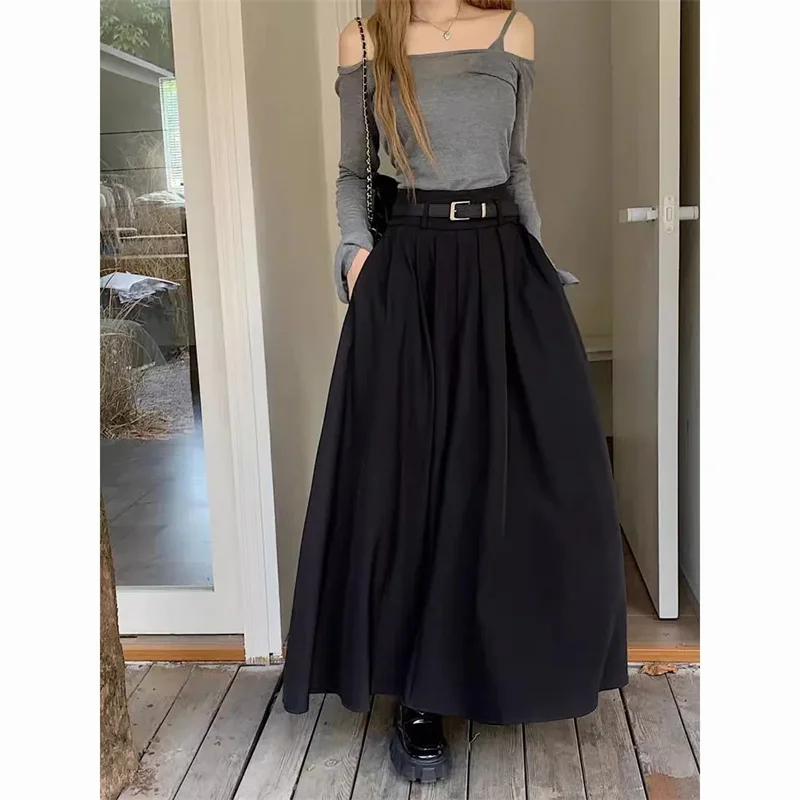 

Women Vintage Solid Color JK Long Skirts Girls Elegant Comfortable Leisure Dress Female Sweet A Line Zipper Pleated Skirts