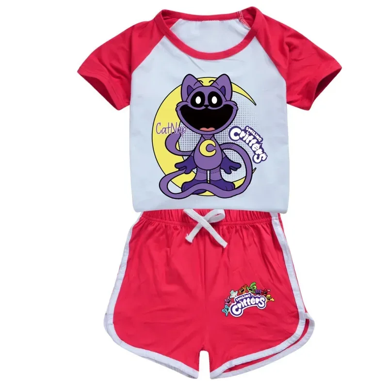 

Новая детская одежда, улыбающиеся животные, кошачий сон, летняя повседневная футболка для маленьких мальчиков и девочек, короткие штаны, спортивная одежда, детский пижамный костюм