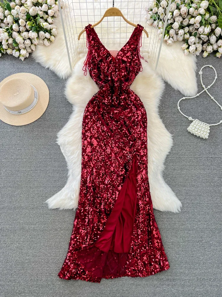 Foamlina Luxury Glittering Sequins Evening Party Elegant Dress for Women Sexy V Neck Sleeveless Slim Bodycon Split Maxi Dress