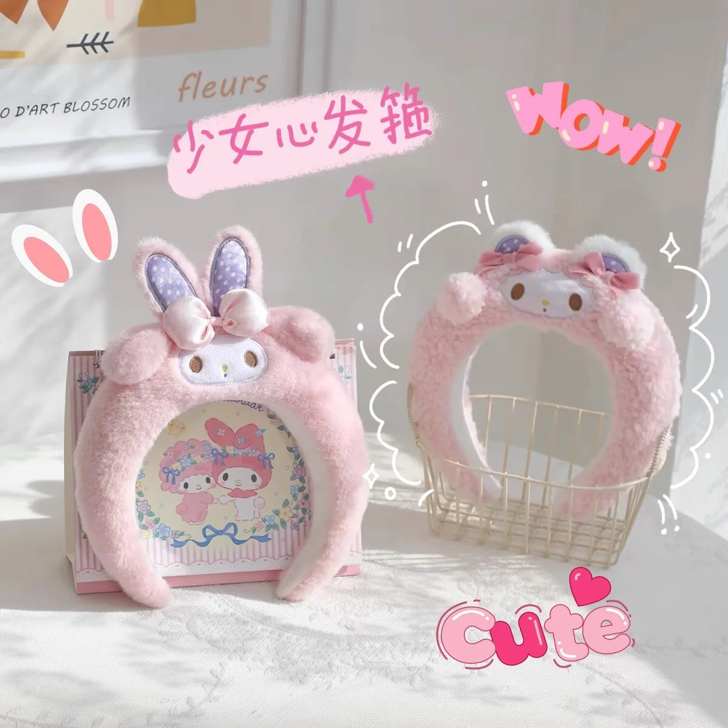 

New Cute Sanrio Pink Melody Plush Headband Cartoon Lamb Girl Face Wash Hair Accessory Headband Decoration Girl Gift