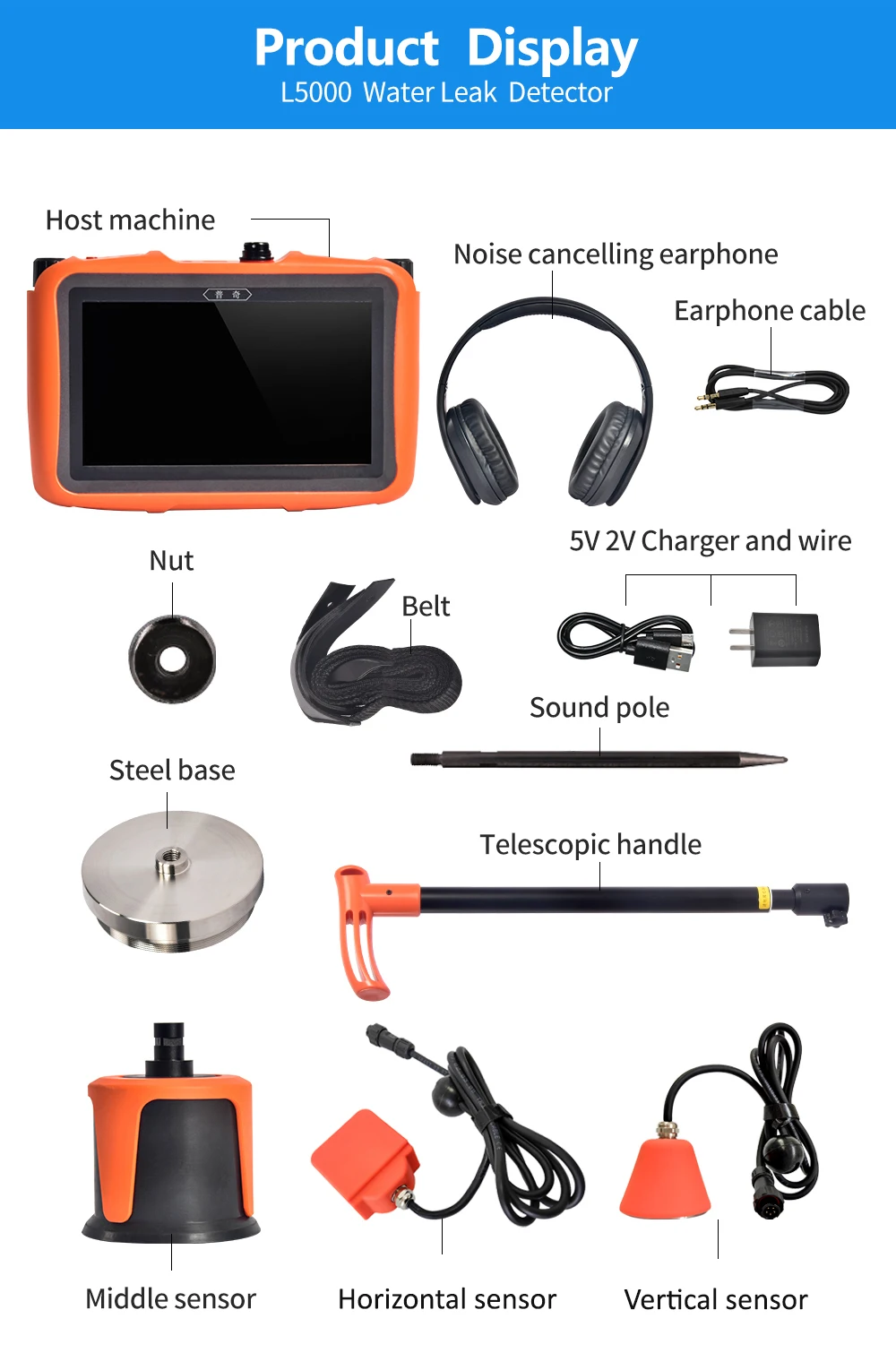 

PQWT-L5000 Pipes Water Leak Alarm Detector Leak Finder Water Line Detector For Depth 5m