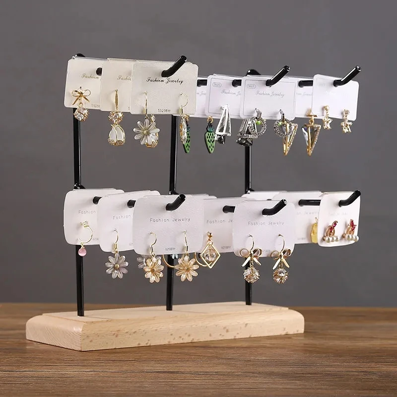 

Earrings Jewelry Display Stand Wooden Base Steel Organizer Necklace Ring Jewelry Storage Rack Hook Up Holder Boxes Store Decor