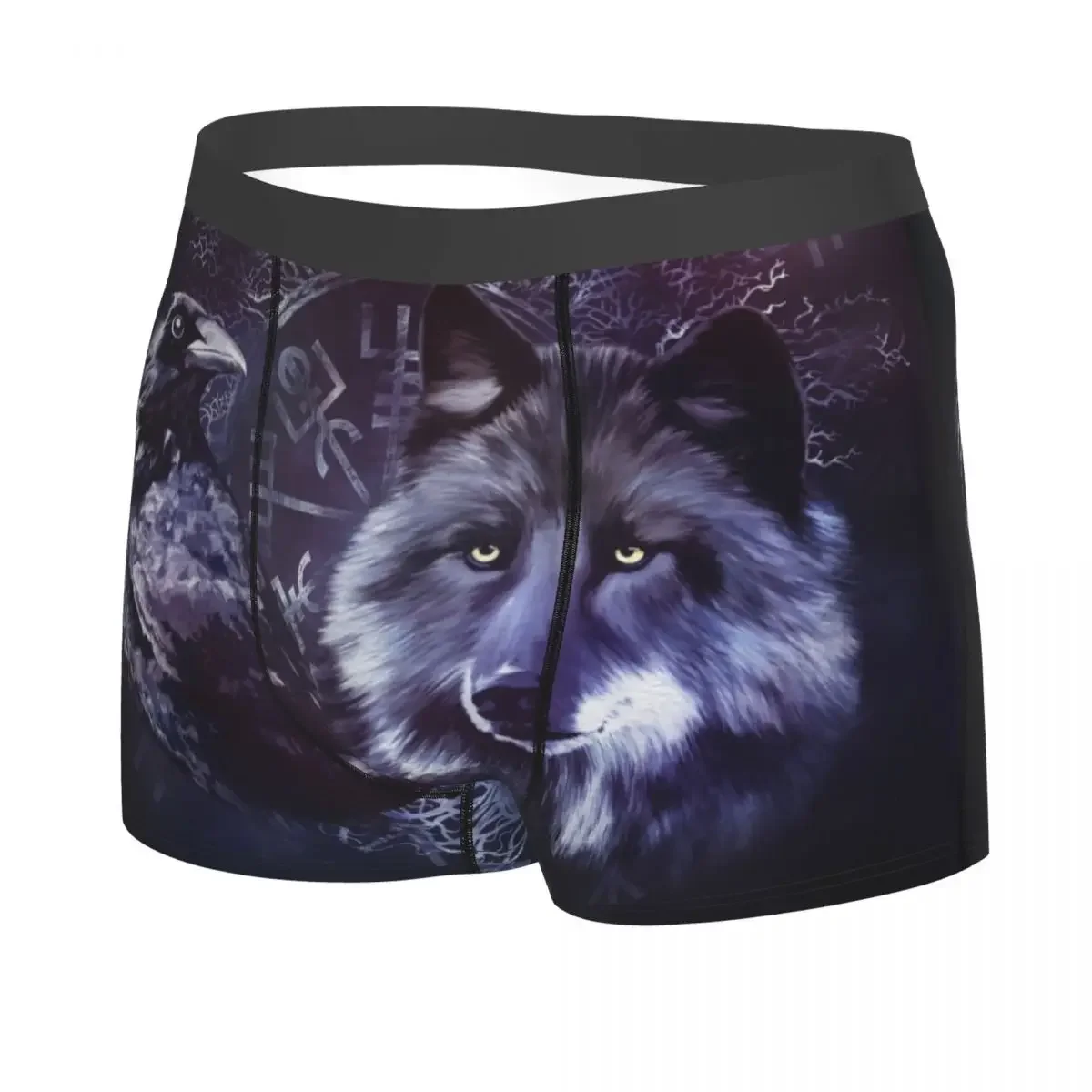 Cuecas boxer estampadas para homens, roupas íntimas, shorts, calcinhas, cuecas respiráveis, corvo e lobo, árvore da vida, calcinhas masculinas