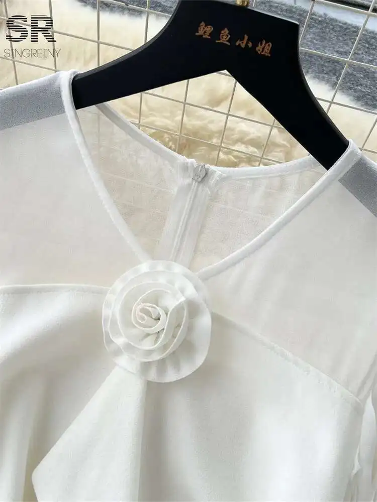 BabYoung 3D Rose ฤดูใบไม้ร่วงโคมไฟแขน V คอซิปออกแบบแยกผู้หญิงแฟชั่นอาวุโส SHEER ชุดยาว