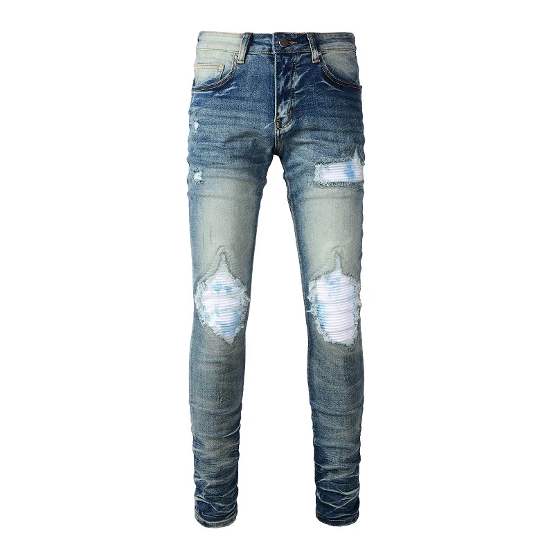 Men's Distressed High Streetwear Stretch Skinny White Tie Dye Ribs Patches Holes Repaired Blue Ripped Jeans Men