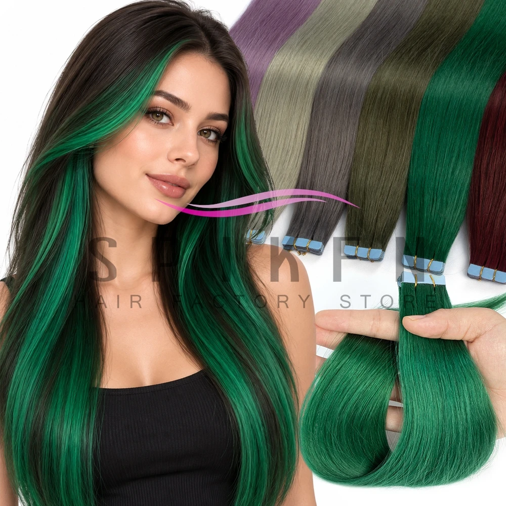 Dark Green Mini Tape In Human Hair Extensions for Women, Natural Out-looking & Sleek Colors, 12-20 Inches 30g Straight Hair