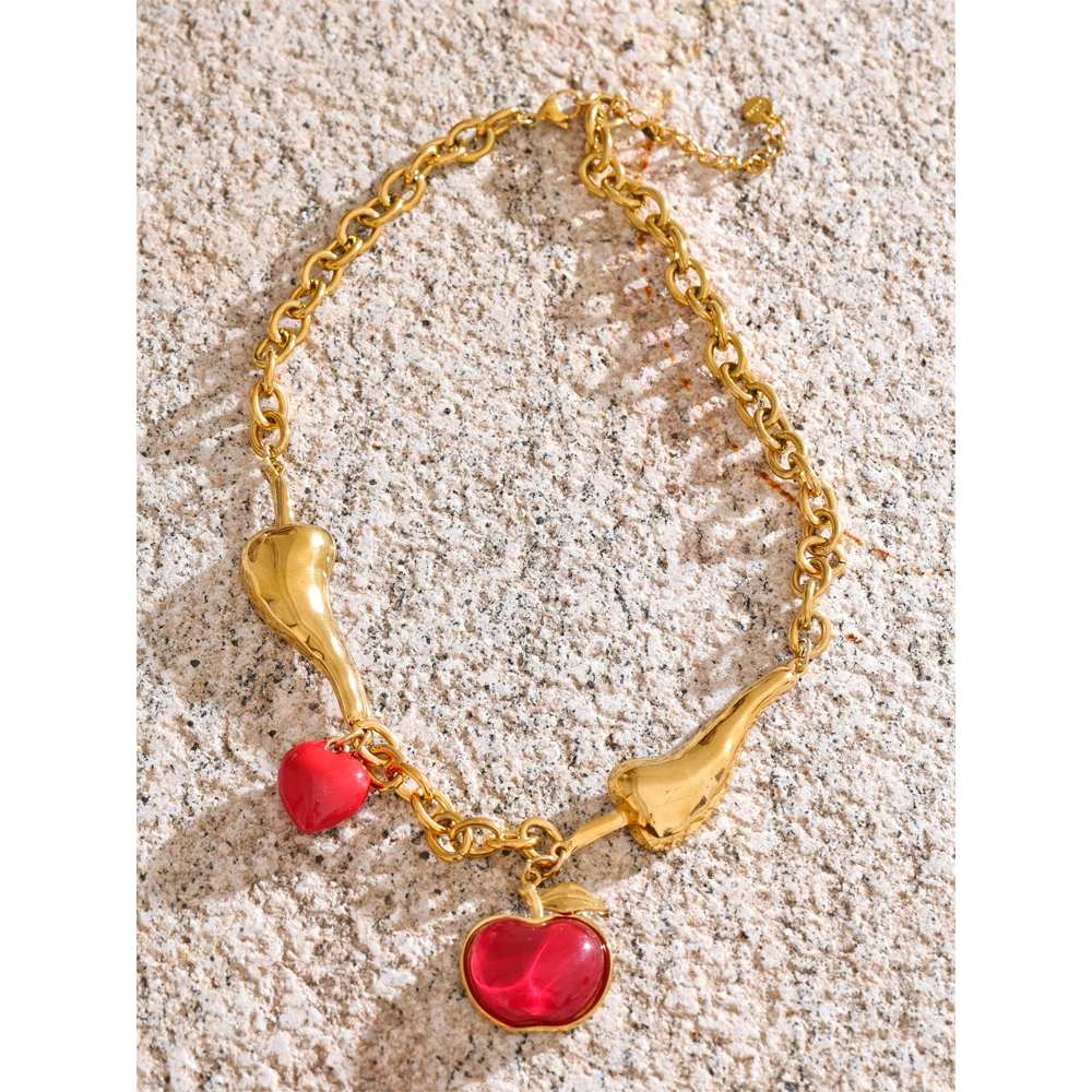 Yhpup Fashion Chilli Chain Red Enamel Resin Heart Apple Drop Sweet Necklace Golden Stainless Steel Arrivals Collar Jewelry