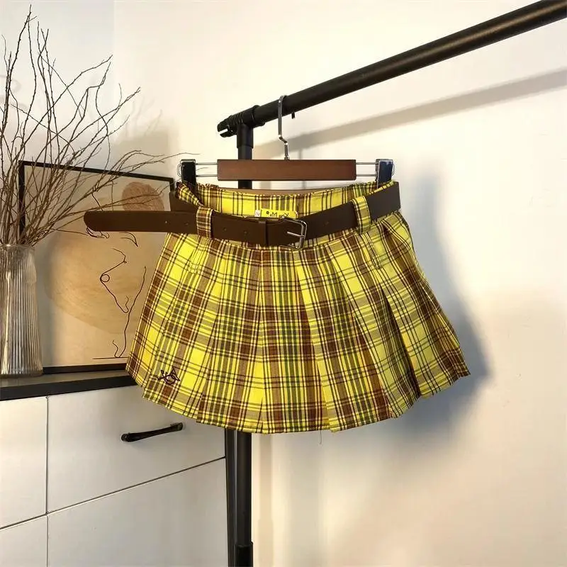 Short skirt plaid half body  women summer outfit belt new high waist slimming A-line pleated  yellow plaid skirt
