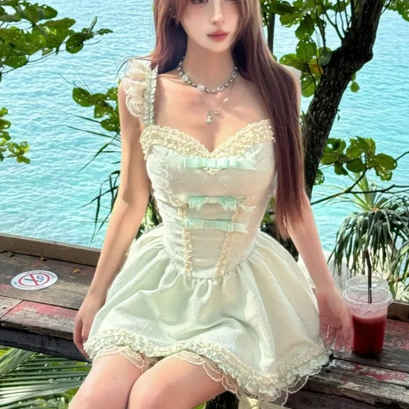 Letnia Zielona Koronkowa Sukienka na Ramiączkach Damska Szyfonowa Codzienna Sukienka Mini na Imprezę Damska Codzienna Sukienka Modna Wyszukana Wyszczuplająca Sukienka Nowość 2025