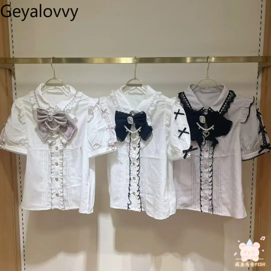 

Japanese Liz New 2025 Summer Versatile Top Mass-produced Lolita Bow Pendant Blouse Cute Sweet Girls Short-sleeved Shirt