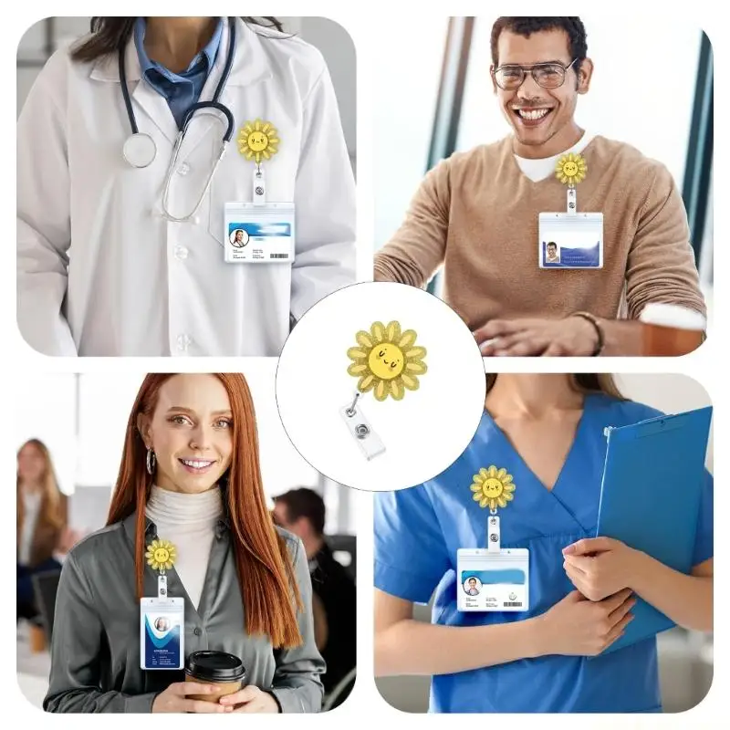 Name Card Reel with Smiling Sun Accent, Retractable Badge Holder with Clear Strap and Clip for Office Badge Access, School