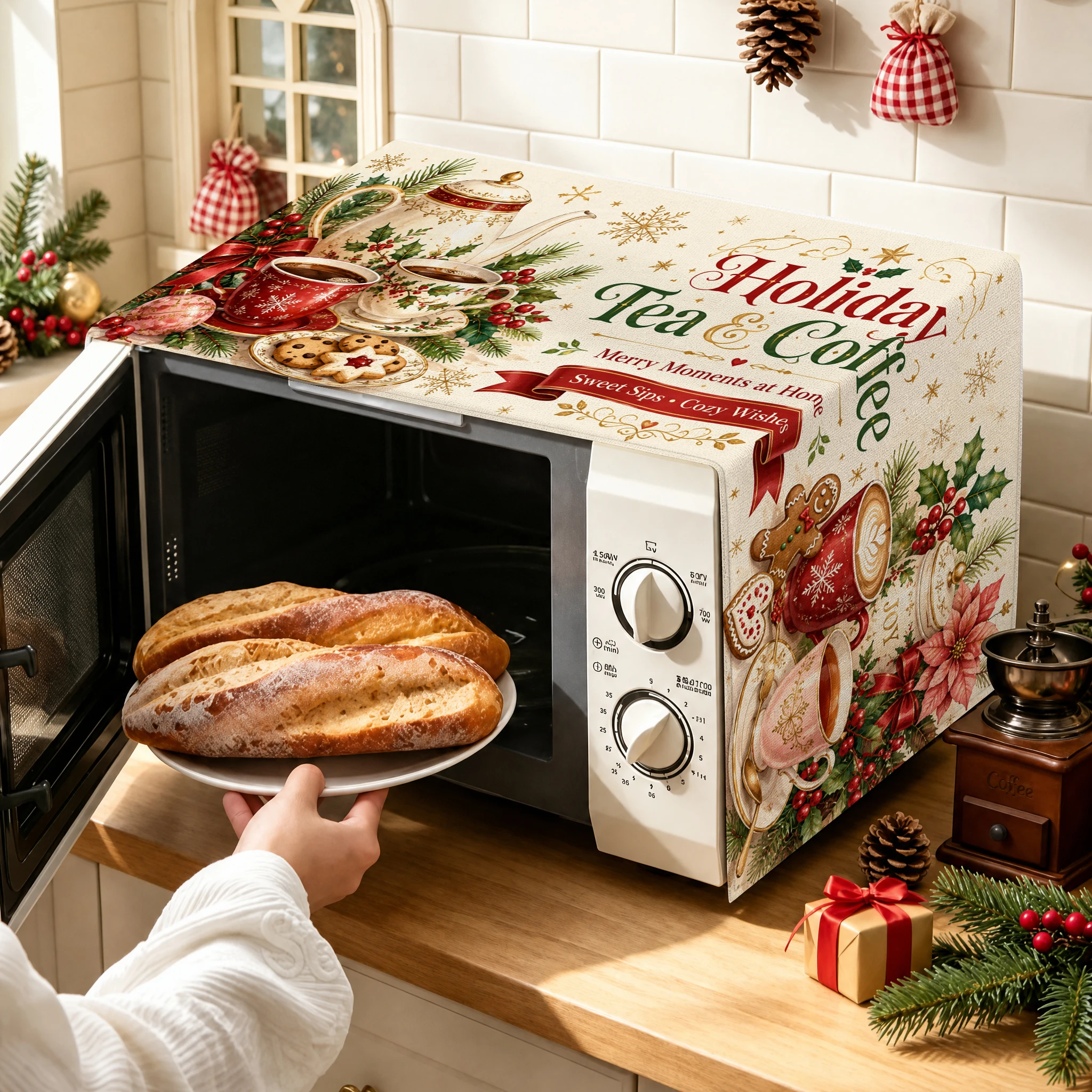 1pc Microwave Oven Dust Cover, Holiday Tea & Coffee Themed Kitchen Appliance Protector