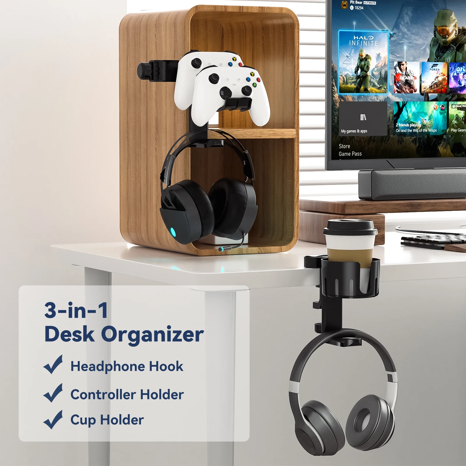 Rotatable Headphone holder 3 in 1 Under Desk Clamp Controller Stand Replaceable Cup Holder for Universal Controller and Headset