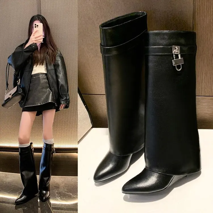 

8cm Heel Wedges Soft Leather Pointed Toe Knee High Boots Women 2026 Autumn Fashion Shoes Street Style Mordern Long Botas Mujer