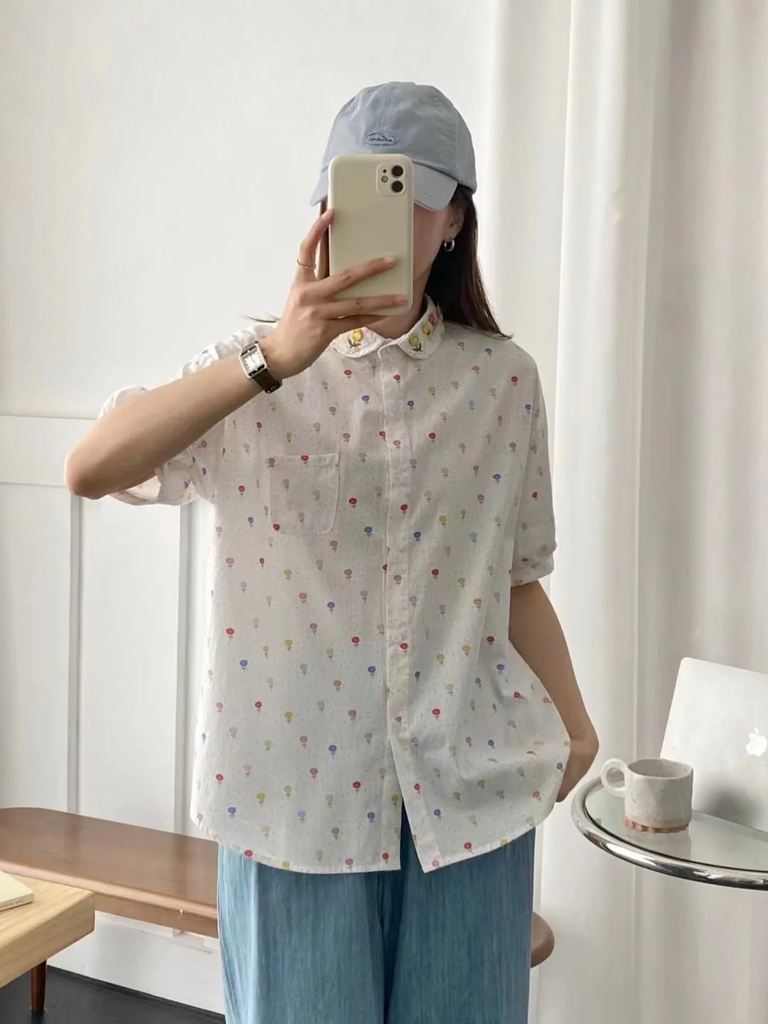 New Spring Cotton Loose Sweet Shirt Women Floral Printed Short Sleeve Top Girl Retro Casual Loose Blouses 2024 Summer T44508QM