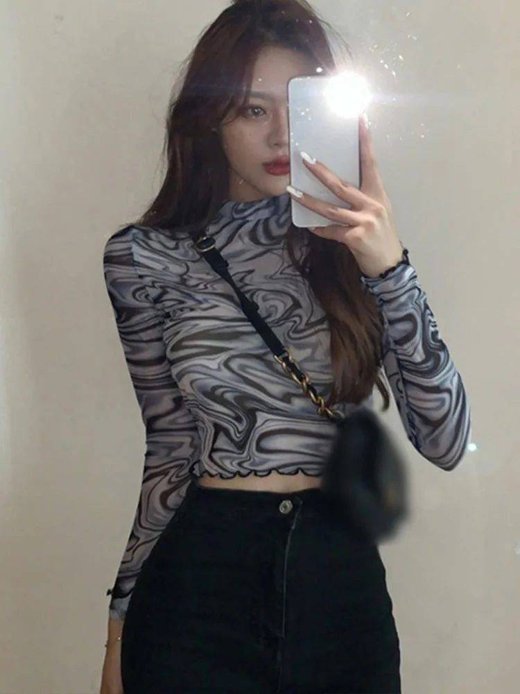 Sexy Women's Slim Sexy Bottoming Shirt Long Sleeve Mesh Short Pullover Tops Female Clothing Fashion Streetwear