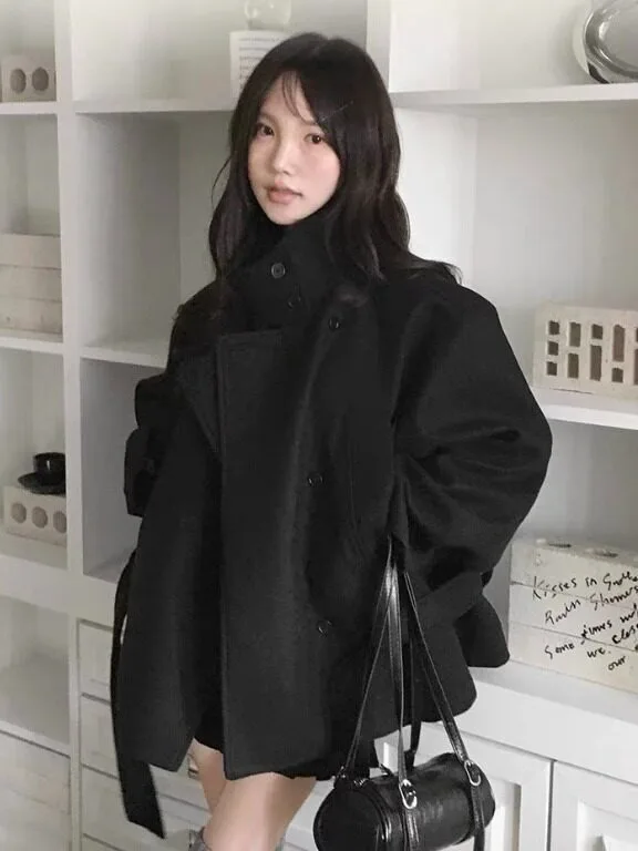 Black Woolen Coat Women's Winter New Style Loose Silhouette Small Size Belted Tweed Coat Thick Casual Style Online Exclusive