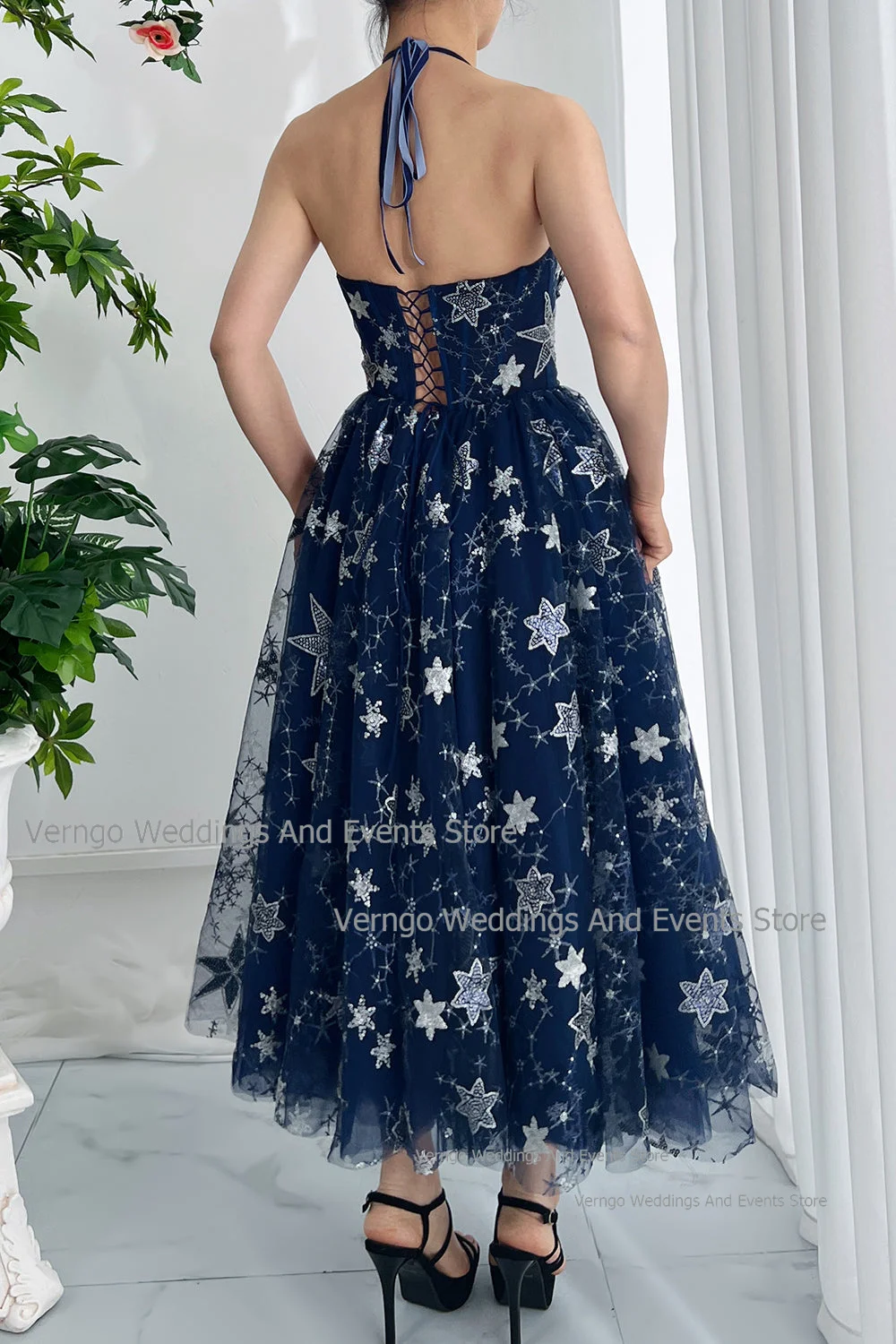 Verngo-Vestidos de Fiesta de tul estrellado, vestido de fiesta de cumpleaños sin mangas, línea A, Halter, escote Corazón, vestido de noche dividido, vestido Formal para ocasiones