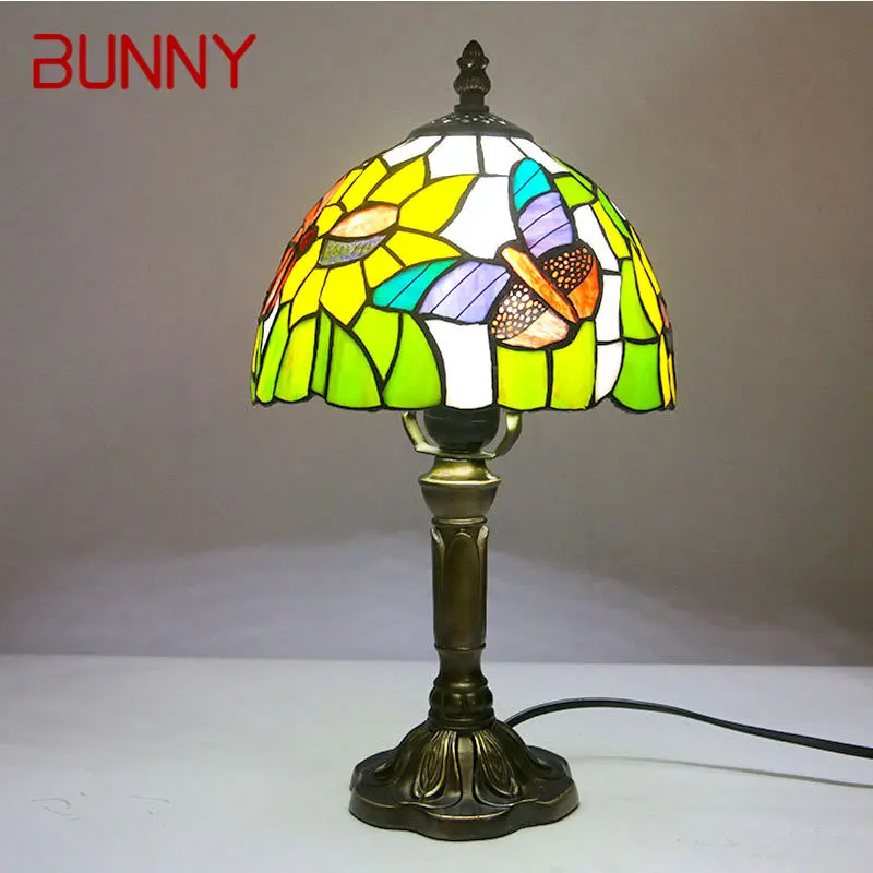 BUNNY Tiffany Glass Table Lamp LED Creative Color Butterfly Pattern Desk Light Decor For Home Living Room Bedroom