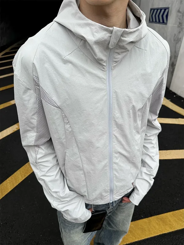 

Мужская летняя легкая тонкая куртка из полиэфирного волокна с воротником-стойкой, модная, с вставками, из ледяного шелка, быстросохнущая