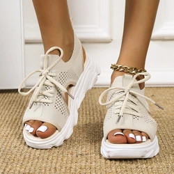 2023 Summer Women Sandals Mesh Casual Shoes White Thick-Soled Lace-Up Sandalias Open Toe Beach Shoes for Women New Zapatos Mujer