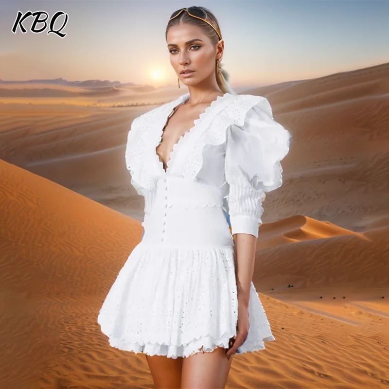 

KBQ elegant Patchwork Lace Up slimming Dresses For Women V Neck Short Sleeve Backless High Waist Spliced Button Dress Female new