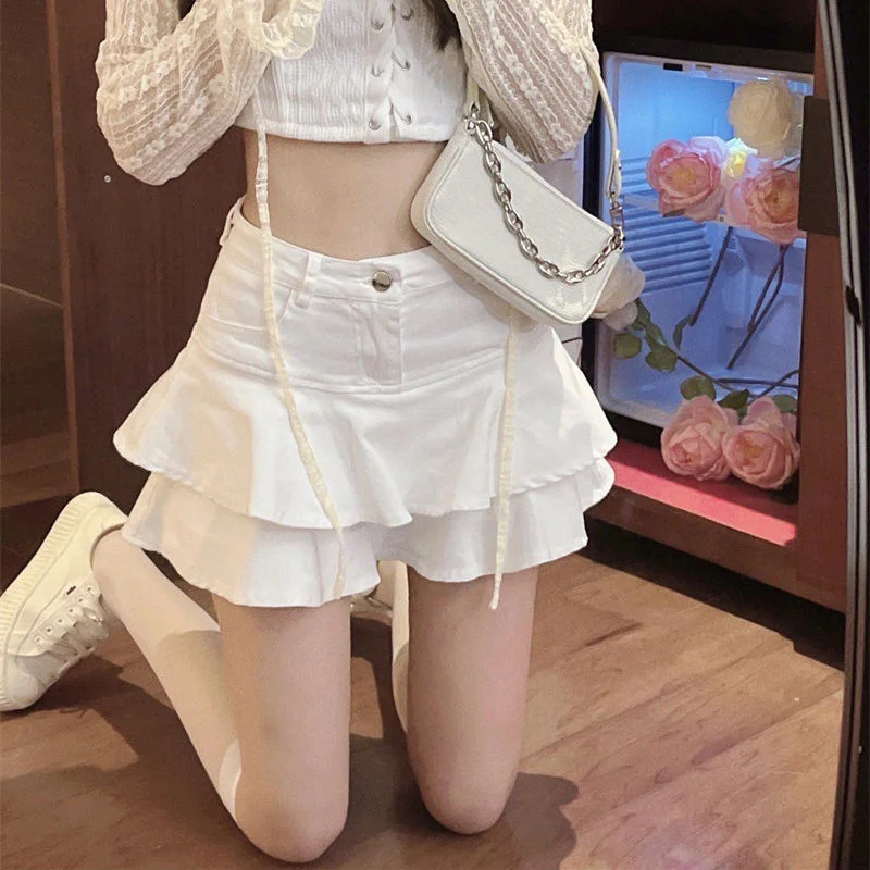 New white denim short skirt shorts for women's summer Korean fashion high waisted A-line slim fit cute sexy mini denim ruffle sk